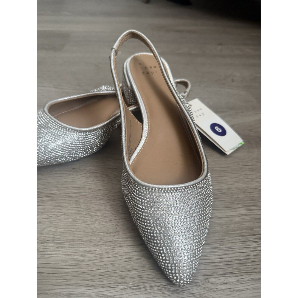 A New Day Women's Silver Rhinestone Slingback Pointed Toe Flats Size 6